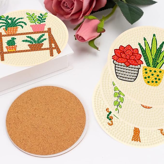 8 Pcs Diamond Art Coasters Kit with Holder, DIY Green Plants Diamond Painting Coasters for Beginners Adults, Non Slip Diamond Art Kits Craft Supplies 4x4inch