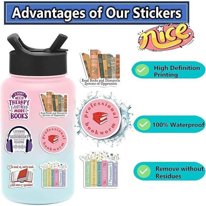 taeekiy 200 pcs reading book stickers bulk,motivational scrapbook book stickers for kindle adult teacher, inspirational journal planner bookish stickers for kindle case water bottles,laptop, phone