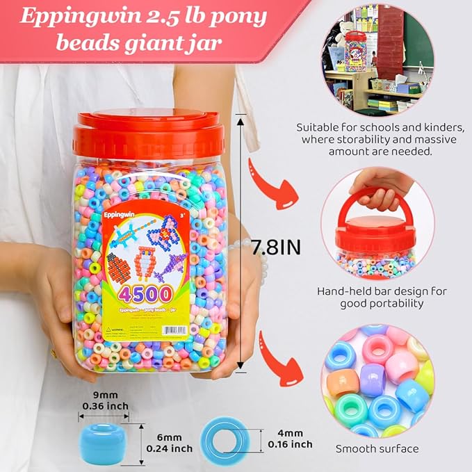 2.5 lb wholesale large pony beads (6x9 mm) bucket, easy storage macaron beads bulk, over 4500 pony bead for jewelry making, crafts (macaron)