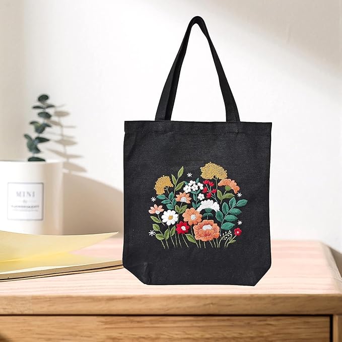 Canvas Tote Bag Embroidery Kit with Pattern for Beginners, Arts and DIY Embroidery Crafts Kits for Adults, Instructions, thimble, Embroidery Hoops, Color Threads (black, CR002 huaguangpianran)