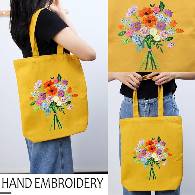 Canvas Tote Bag Embroidery Kit with Pattern for Beginners, Arts and DIY Embroidery Crafts Kits for Adults, Instructions, thimble, Embroidery Hoops, Color Threads (yellow, CR002 zhaolufanhua)