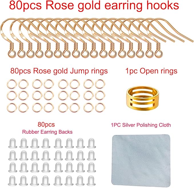 rose gold earring hooks, 240pcs earrings making kit with hypoallergenic ear hooks, jump rings and clear rubber earring backs for diy jewelry making