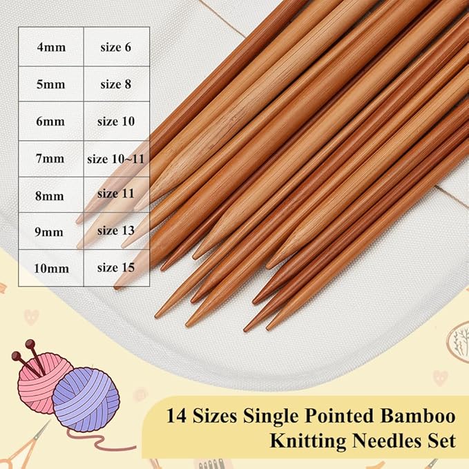 EVERJOYCRAFT 14pcs 7 Pairs Natural Bamboo Knitting Needles Set with Yarn Stitch Holders & Canvas Bag Long Single Point Straight Wood Needles Knitting Starter Kit for Beginners Adults Sweater Scarf