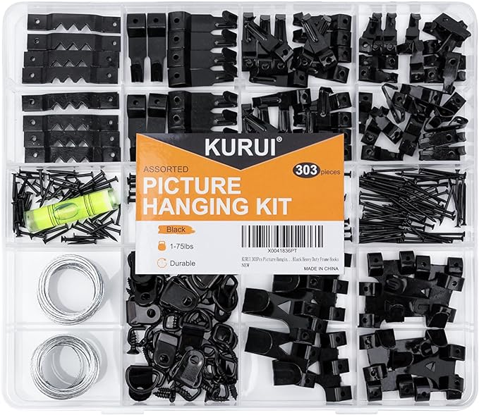KURUI 303Pcs Picture Hangers for Wall Art Decor Tapestry, Picture Hanging Kit With Heavy Duty Wall Hooks, Sawtooth, Picture Wire, D Rings, Hardware Nails, Eye Hooks, Black Frame Hooks for Drywall Wood