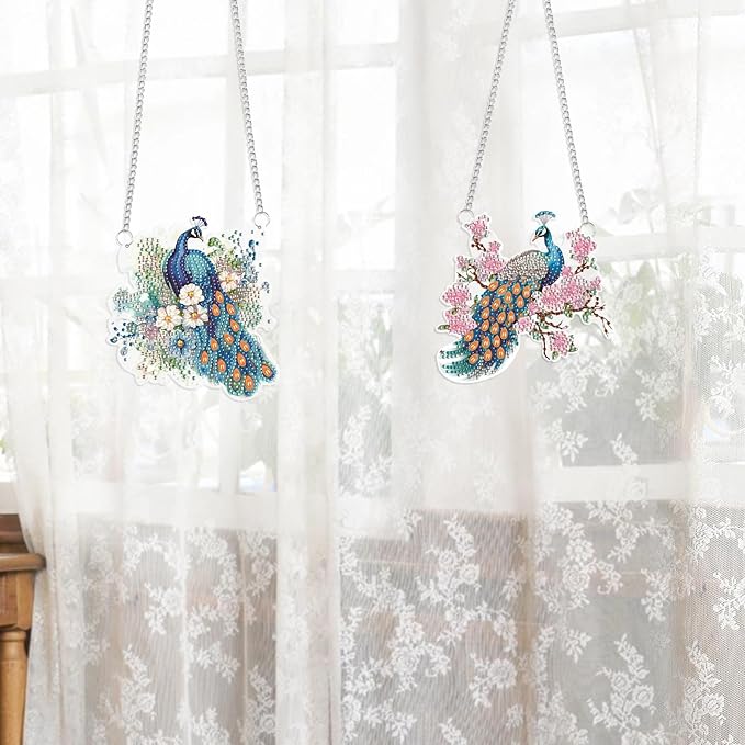 2 Pack Diamond Painting Peacock Hanging Ornaments – DIY Crystal Art Sun Catcher Kit for Window, Wall or Car – Elegant Decorative Gift for Women, Nature & Bird Lovers
