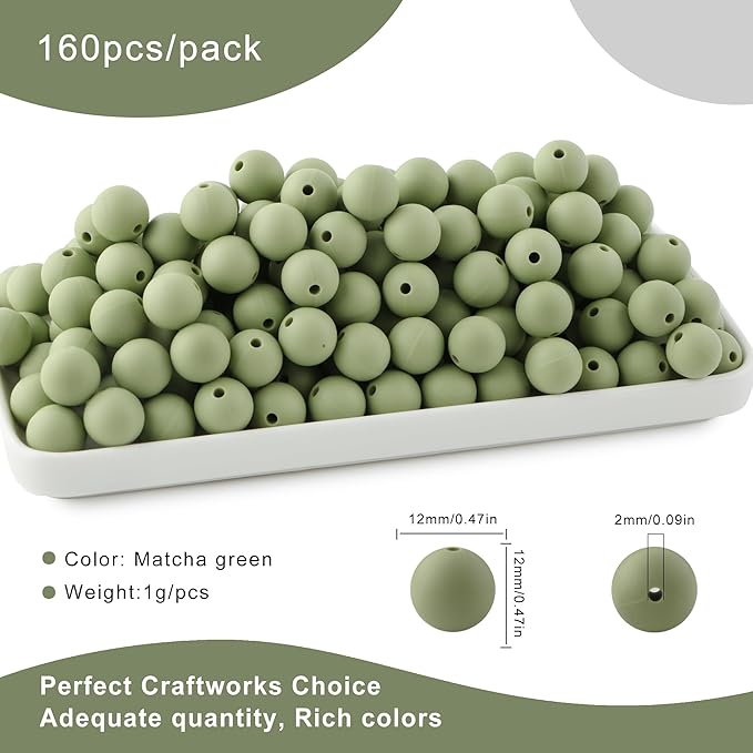 160Pcs 12mm Silicone Beads for Keychain Making Bracelet Necklace, Bulk Round Silicone Beads for Pens（Matcha Green）