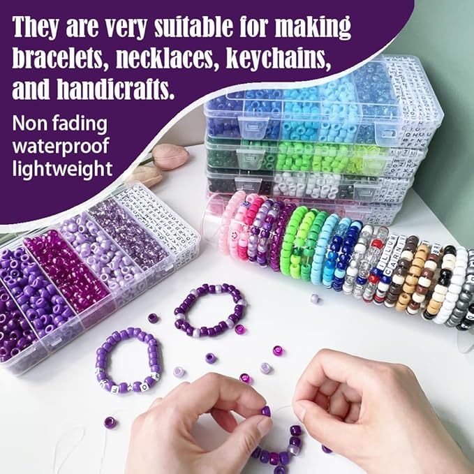 MIIIM 1300 Pcs Pony Beads Kit for Friendship Bracelet, 6 Styles Kandi Bracelet Kit in Box with Individual Compartments, Hair Beads for Braids, Letters (Purple Shades)