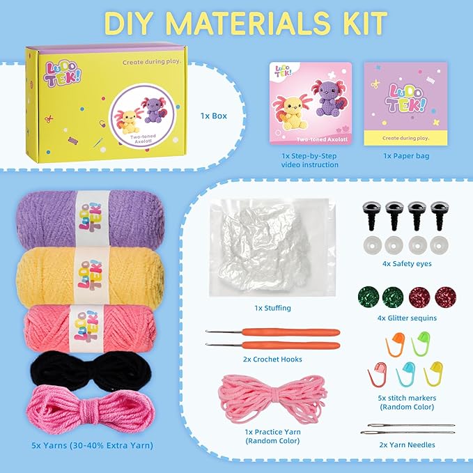 LUDOTEK Crochet Kit for Beginners, Crochet Animal Kits,Crocheting Kit for Starters with Step-by-Step Video Tutorials, Beginner Crochet Kits for Adults(2 Pack Axolotl)