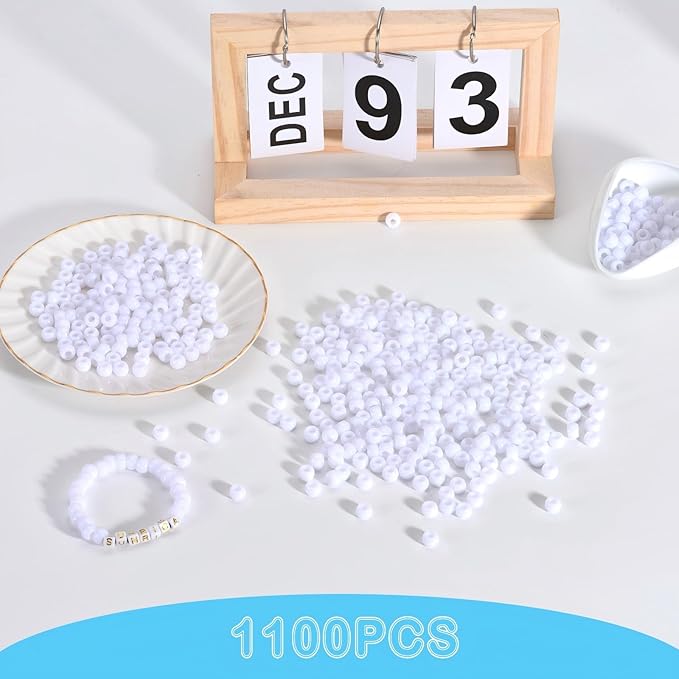 sunrica 1100pcs white pony beads 6x9mm bulk large hole plastic beads for kandi, hair braids, keychains, jewelry making