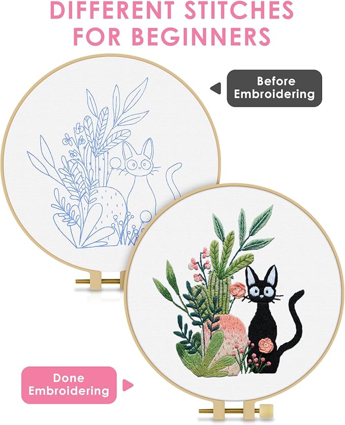 TINDTOP Embroidery Kit for Beginners Adult, Cat Embroidery Kit for Beginners Include Embroidery Cloth Hoops Threads for Craft Lover Hand Stitch with Embroidery Skill Techniques