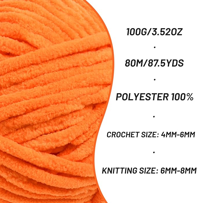 Fluffy Chenille Yarn for Crocheting, Chunky Velvet Yarns for Crochet Amigurumi, Baby Yarn for Crocheting Soft Blanket, 87.4yds /3.5 oz Bulky Yarns for Crafts/Hats/Shoes/Socks (Orange)