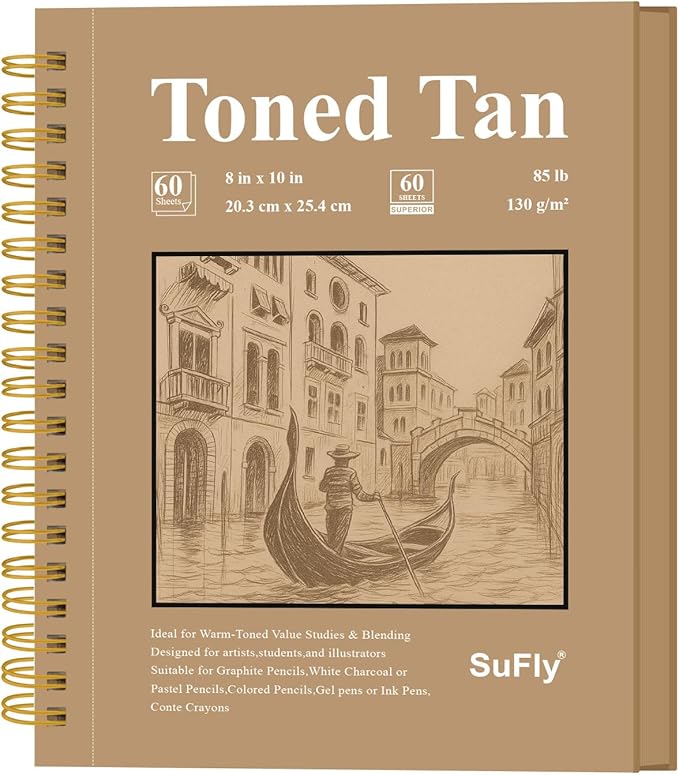 sufly toned tan sketchbook, 8x10 inches, 60 sheets - 90lb/150gsm tan paper for mixed media, charcoal, graphite, colored pencils & white gel pens, 100% recycled, wire-o bound.