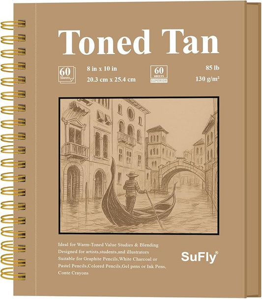 sufly toned tan paper sketchbook, 5.5x8.5 inches, 60 sheets - 90lb/150gsm tan drawing paper for mixed media, charcoal, graphite, colored pencils & white gel pens, 100% recycled, wire-o bound.