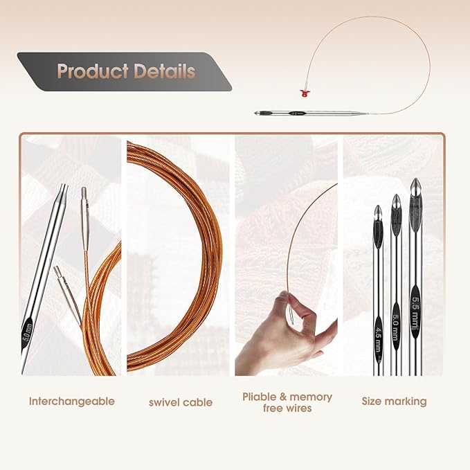 Tunisian Crochet Hooks Set Aluminum Metal Interchangeable Crochet Hook with Cable 3mm-10mm Ergonomic Crochet Hooks for Arthritic Hands 26Pic (Umber)