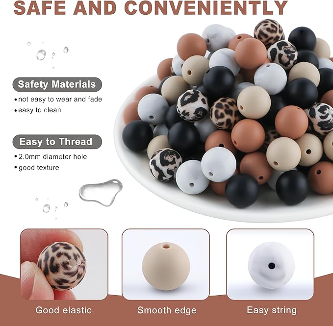 150Pcs Mixed Color 15mm Silicone Beads for Keychain Making, Black Camel Leopard Print Silicone Beads for Pens and Bracelet Jewelry Making