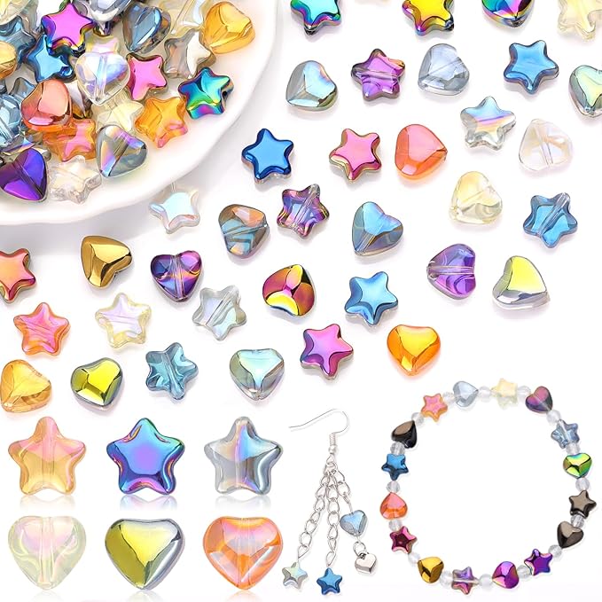 200PCS 8MM Glass Star Beads Bedazzling Irisedent Glass Beads,Crystal Star Heart Beads,Eletroplated Mixed Colors Cute Bead for Necklace Bracelet Earring Jewelry Making, Spacer Bead for Crafting & DIY