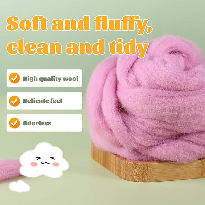 3.53oz Wool Roving, Wool Felting Supplies, Pure Wools, Chunky Yarn, Spinning Wool Roving for Needle Felting Wet Felting DIY Hand Spinning (Dark Pink)