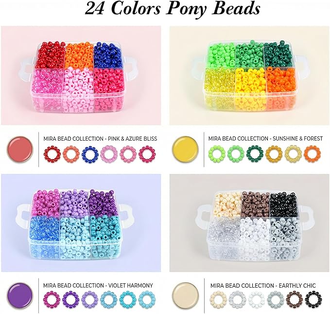 4800PCS Pony Beads Bulk, 24 Colors Kandi Beads 6x9mm Large Hole for Friendship Bracelets, Jewelry Making, Hair Braiding, DIY Art Craft - Shockproof Protective Gift Packaging
