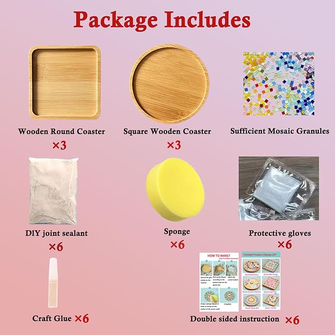 6 Sets DlY Mosaic Tiles for Crafts,Mixed Color Glass Mosaic Kits with Wooden Coaster for Adults,DlY Coasters Kit Mosaic Supplies for Handmade Home Decoration Gift (Round and Square)