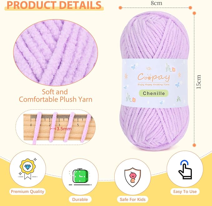 Coopay Chenille Yarn for Crocheting, 8 Pack Medium Weight Yarn - CYC #4 - Total 520yd, Soft Crochet Yarns for Plush Toys, Blankets, Scarves (Purple)