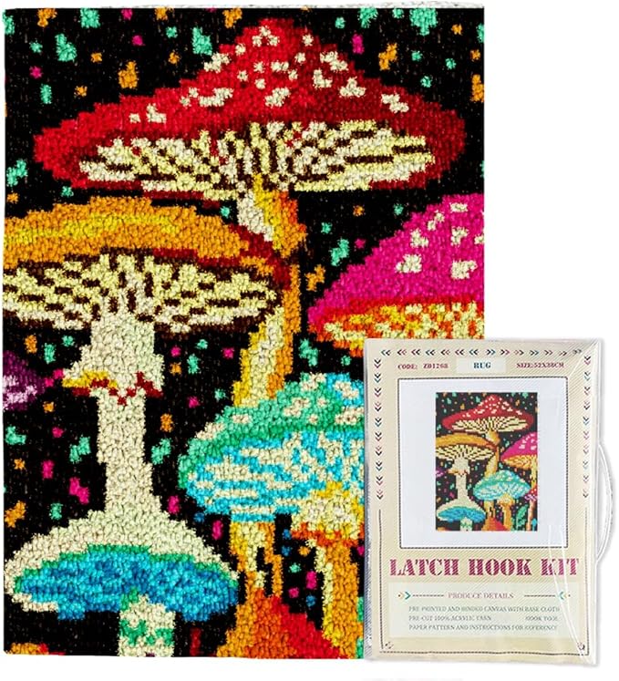 ORIGACH Mushroom Latch Hook Rug Kits, Color Stamped Grid Cloth Handmade Rug, Pattern Printed Carpet Kit, DIY Crochet Rug for Adults Home Decoration Festival Gifts 52 x 38 cm