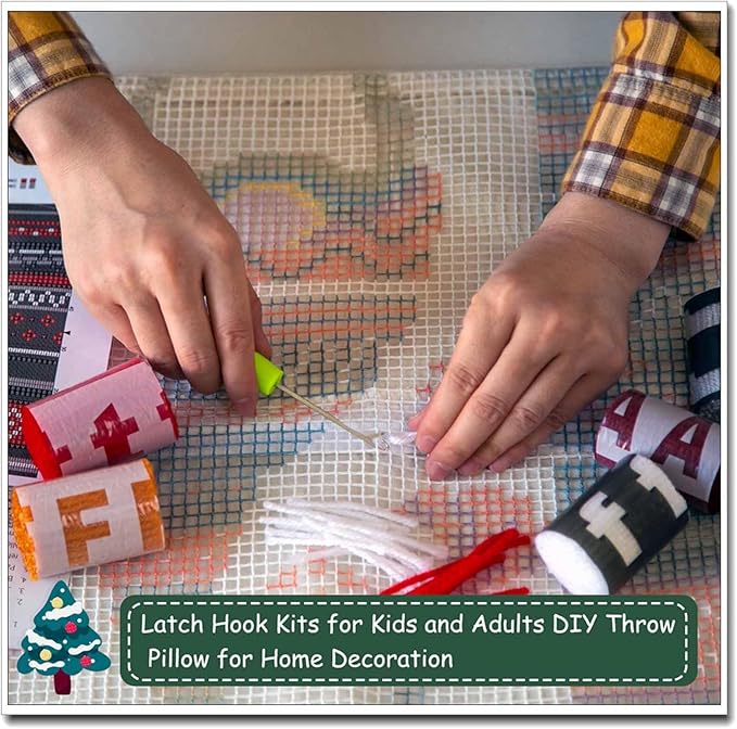 DL-YTG DIY Latch Hook Kits Throw Pillow Christmas Hat Cover Rug Pattern Color Printed Canvas16X16 inch, Crochet Needlework Crafts for Adults