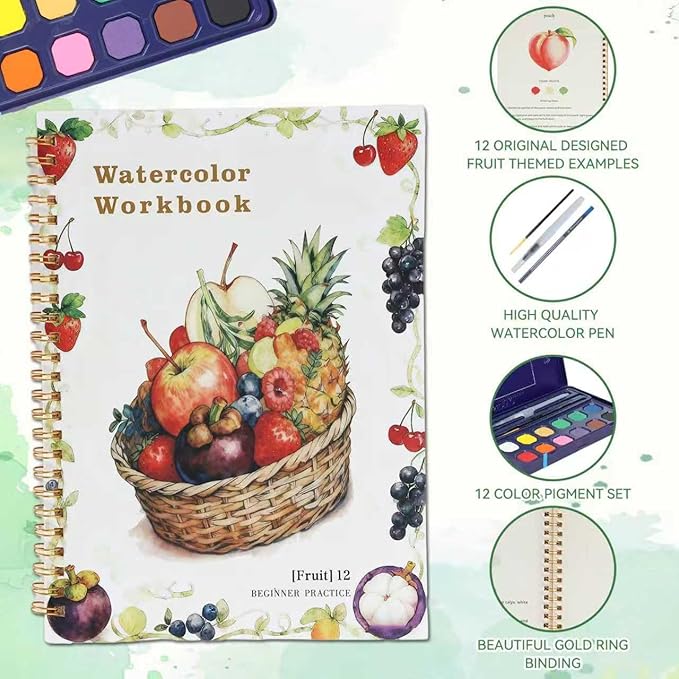 Watercolor Coloring Book Set with Paint & Brush – 12 Colors Fruit Theme, Art Therapy Activity Kit for Classroom, Corporate Events, Employee Birthday Gifts, ADHD Relaxation & Stress Relief