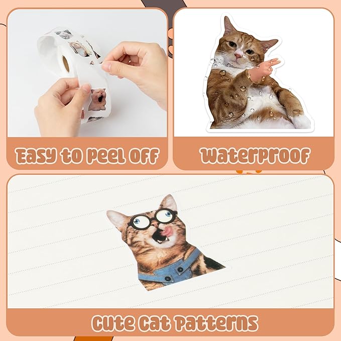 h1vojoxo funny cat sticker rolls - 1000pcs cute cat stickers for kids 16 designs waterproof cats stickers for water bottles laptop scrapbook crafts envelopes gifts cute animal sticker for cat lovers