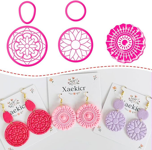 Xaekicr 5PCS Floral Polymer Clay Cutters Set - Round Clay Earring Cutters with Texture Molds for DIY Jewelry Making, Clay Tools for Earrings