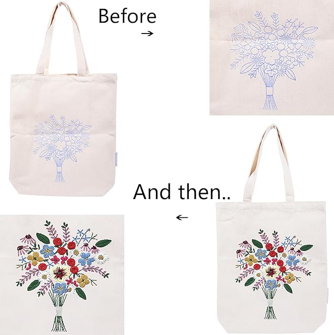 CREAWONDER Canvas Tote Bag Embroidery Kit with Pattern for Beginners, Arts and DIY Embroidery Crafts Kits for Adults, Include Instructions, Thimble, Embroidery Hoops, Color Threads and Tool