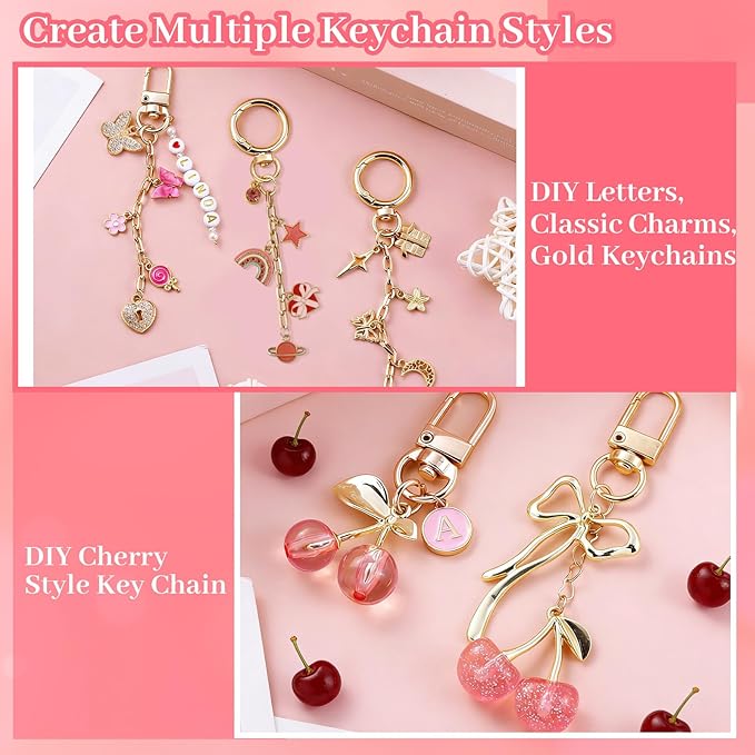 Wurosi 680 Pcs Keychain Making Kits, Pink DIY Bag Charm Kit, 78.74 Inch Chains, Key Chain Hooks, Jump Rings, Lobster Clasps, 225 Charms & Letter, Tools, Great for a Custom Gift, Party, or Family Activ