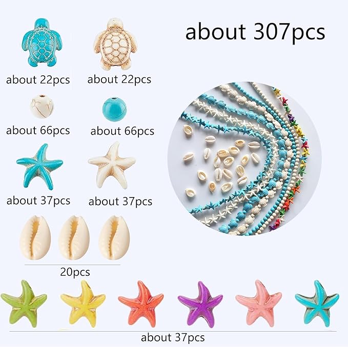 307Pcs Turquoise Sea Turtle Beads Blue and White Starfish Beads Tortoise Turtle Charms Summer Ocean Animal Spacer Bead for Jewelry Making DIY Bracelet Necklace(7 Strings)