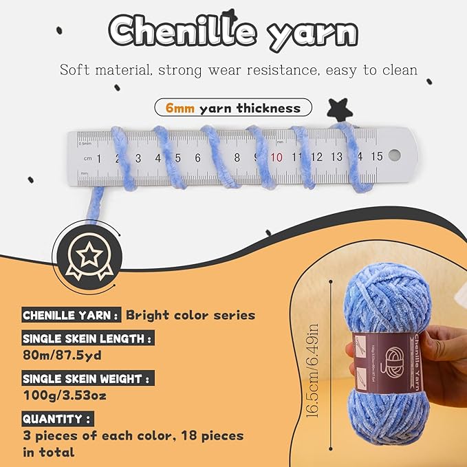 LUNARM 18 Skeins Chenille Yarn for Crocheting, Handmake Weaving Thick Soft Chunky Yarn for Blankets Clothes Crochet Craft with Crochet Hooks Needles Stitch Markers,3.53oz/Skein(Macaron Series)