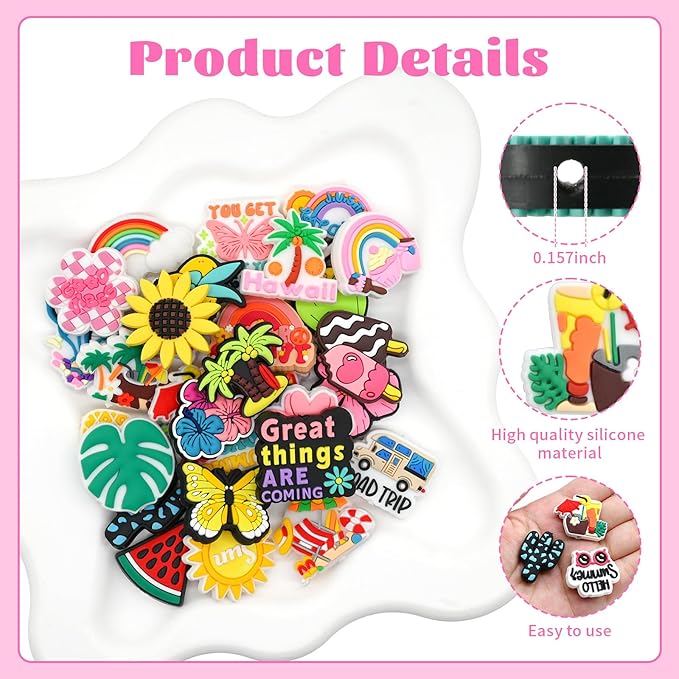 Silicone Focal Beads for Pens Summer Accessory Kit 30 Pcs Colorful Round Beads for Keychain Making Bracelet Necklace Handmade Crafts