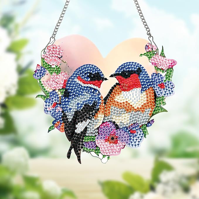 Diamond Art Painting Hanging Kit for Adults, Heart-Shaped Romantic Love Birds DIY Diamond Painting Acrylic Ornament, Diamond Art Pendant Window Suncatcher Wall Door Home Decor