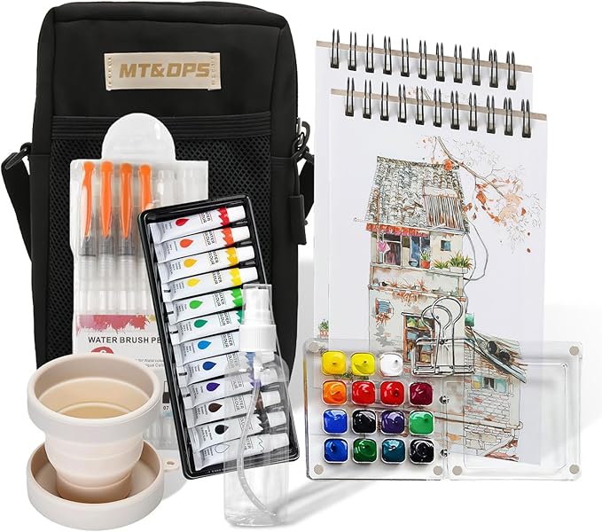 Mini Watercolor Paint Set, Portable Travel Art Kit with 12-Color Paint, 6 Brushes, 2 Sketchbooks & Crossbody Bag - Ideal for Artists & Beginners (transparent acrylic)