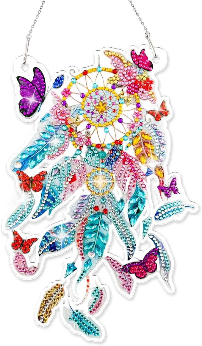 Diamond Art Hanging Kit for Adult, Diamond Painting Ornament Hanging Kit, Special Shaped Rhinestone,DIY Acrylic 5D Art Window Pendants Home Garden Wall Kits,Double Sided (Dreamcatcher)