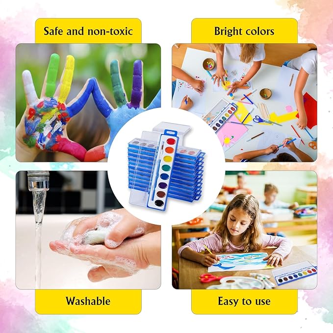 Watercolor Paint Sets for Kids - Bulk Pack of 12 with 8 Washable Paint & Brush - Perfect Kids Painting Set for Classrooms, Party Favours & Creative Fun