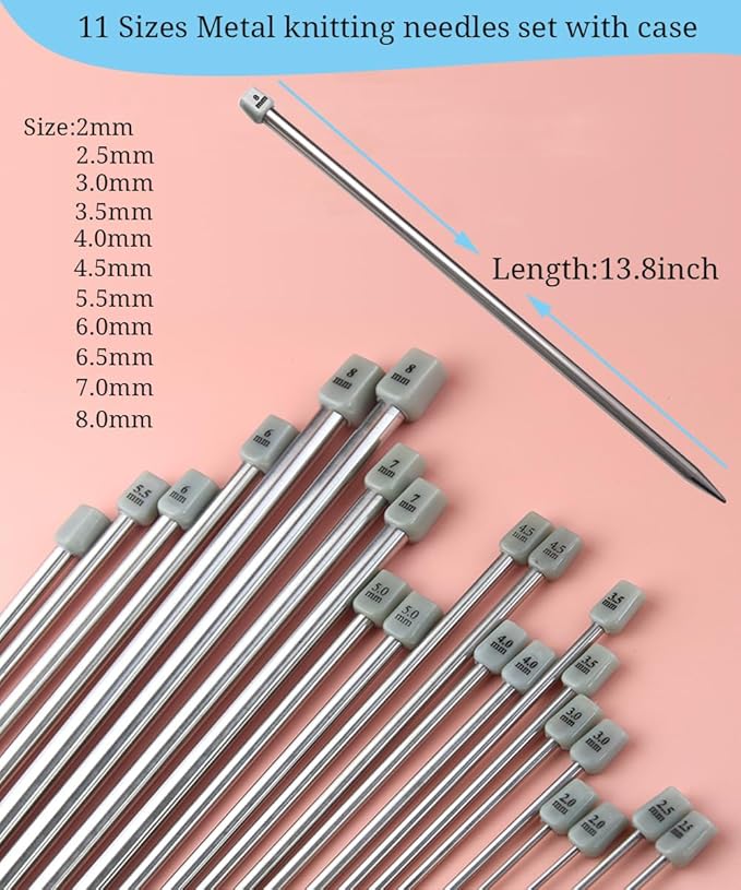 Weabetfu 55pcs Metal Knitting Needle Set,Aluminum Straight Single Pointed Stainless Steel Knitting Needles,11 Size 2mm-8mm,13.8inch Length for Handmade DIY Knitting with Accessories