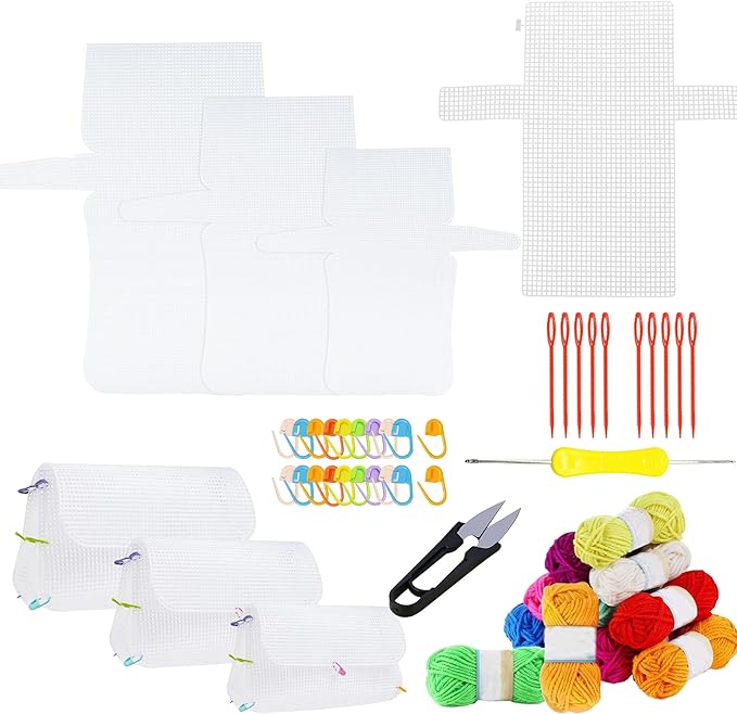 Allazone 58 PCS Clear Plastic Mesh Canvas Sheets for Embroidery, Plastic Mesh Sheets Plastic Canvas with 12 Color Acrylic Yarn for DIY Sewing Bag