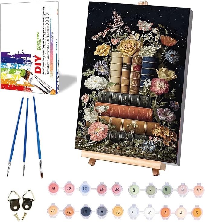 xackcme Book Paint by Numbers for Adults with Framed Canvas - with Wooden Easel, Flowers Paint by Number on Canvas, DIY Books Acrylic Oil Painting Kits with Brushes for Home Wall Decor (8x12 inch)