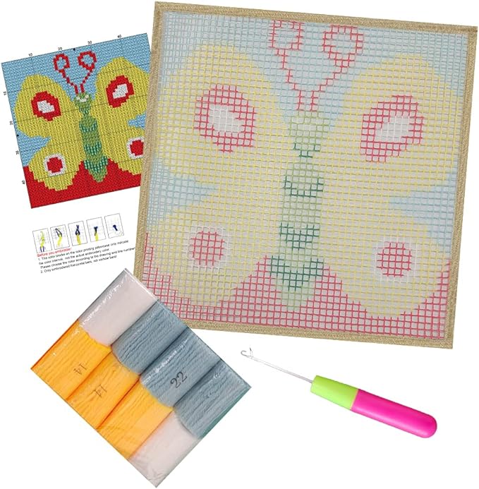 Numptain Latch Hook Kits for Adults,DIY Rug Crafts Butterfly Pattern Color Printed Canvas,Latch Hook Kits for Beginners Handmade Needlework Crafts Home Decoration,12"x12" NT1
