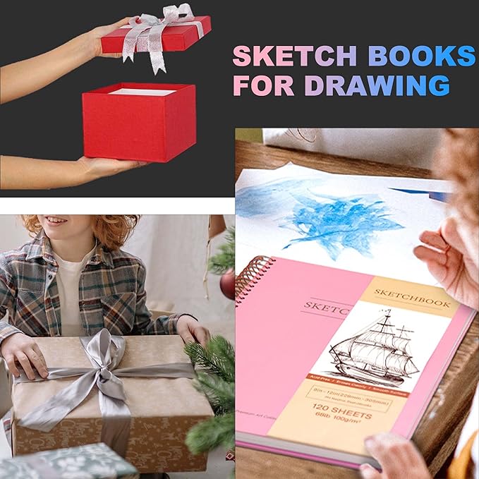 2 Pack Hardcover Sketchbook for Drawing 120 Sheets Spiral Bound 9 x 12 Sketch Pad Premium Art Sketchbook Artistic Drawing Painting Writing (68lb/100gsm) for Kids Adults Beginners Artists, Pink+Blue