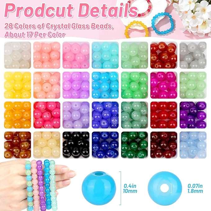 shynek 476 Pieces 10mm Round Glass Beads for Jewelry Making, 28 Colors Crystal Beads for Bracelets Jewelry Making and DIY Crafts