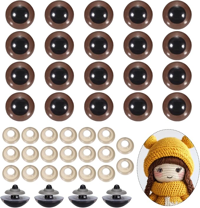 PATIKIL 28mm Safety Eyes, 20Pcs Realistic Doll Crocheting Safety Eyes with Washers for Decor Crochet Accessories Dolls Craft Halloween, Brown