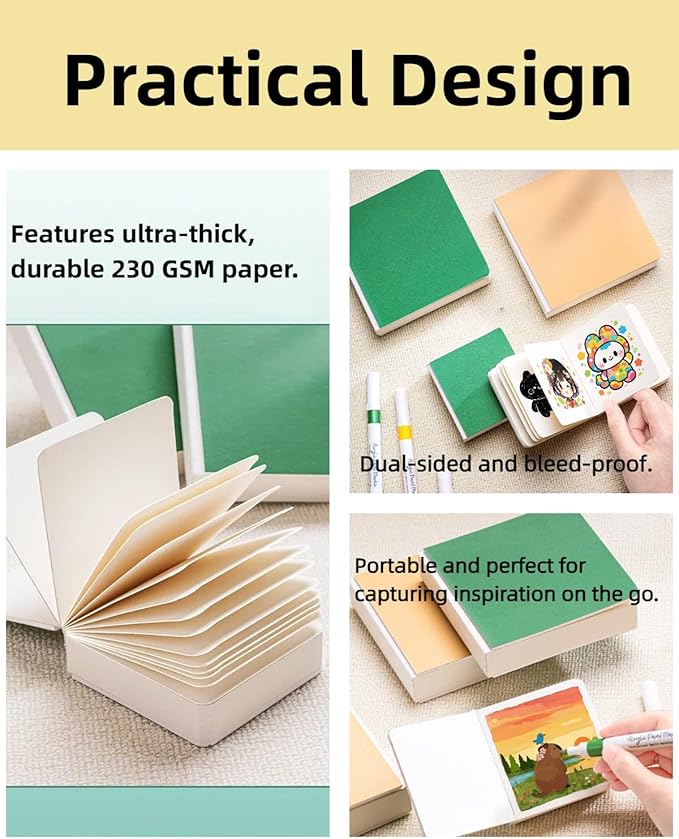 Hibmisy 2 Pack Sketchbook, 140LB/230GSM Drawing Paper, 58 Sheets Each, Sketch Book for Alcohol Markers, Watercolor, Acrylic Paint, Drawing & Quick Notes (Green, 5"x5")