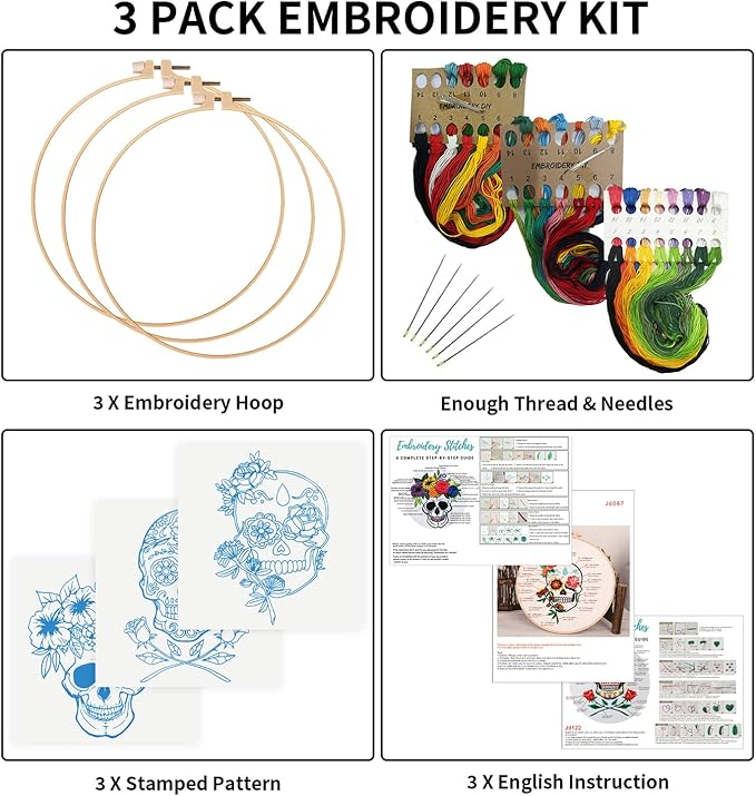 Nuberlic 3 Pack Halloween Skull Embroidery Kit for Adults Beginner Cross Stitch Kits for Starters with Skull Patterns Include 3 Hoop Cloth Thread Needles and Instructions