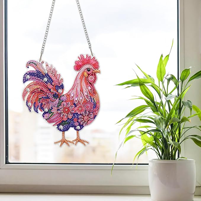 NAIMOER Diamond Art Hanging Kits for Adults Chicken 5D Special Shaped Rhinestone, DIY Acrylic Diamond Art Painting Window Pendants Home Garden Wall Hanging Ornament Kits, Double Sided
