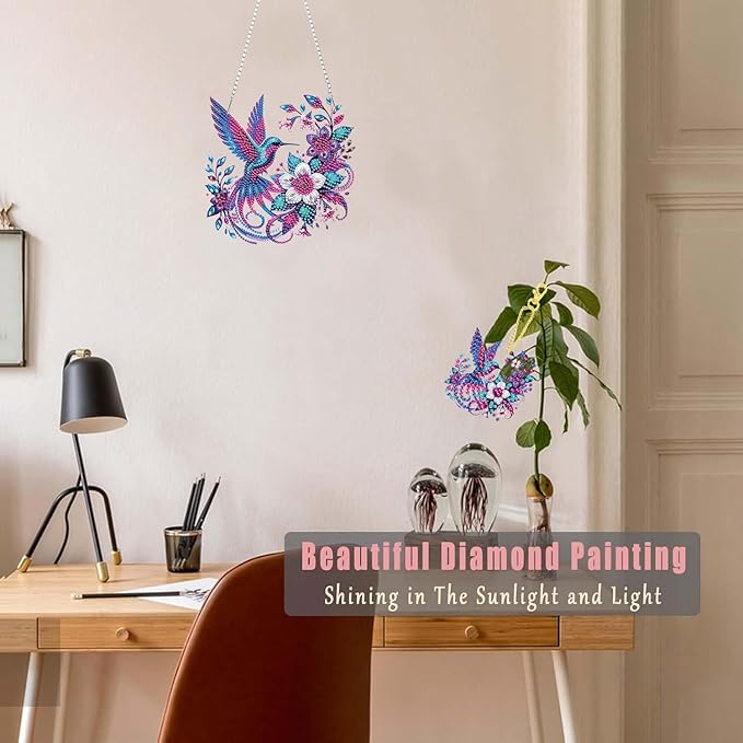 Masendp Hummingbird Diamond Painting Double-Sided Wall Hanging Set, DIY Irregular Shaped Rhinestone Window Decoration Set, Suitable for Home and Garden Wall Decoration Gifts