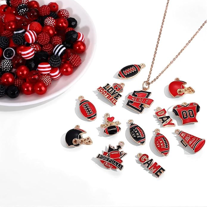 2200PCS+ Game Day Beads Charms for Bracelet Making Polymer Clay Beads Crystal Pearl Letter Gold Spacer Beads Football Charms for Game Day Bracelet Necklace Making DIY Crafts